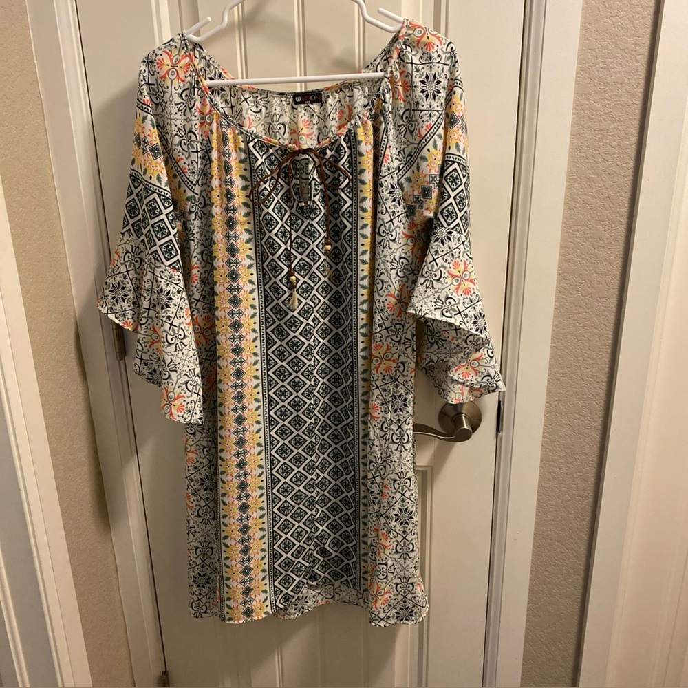 VISION USA size large Dress Lg Shift dress leather tie front BOHO Pretty